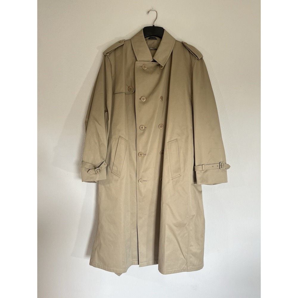 Vintage Men's Trench Coat 44R Khaki Double Breasted Lined Belted Oleg Cassini